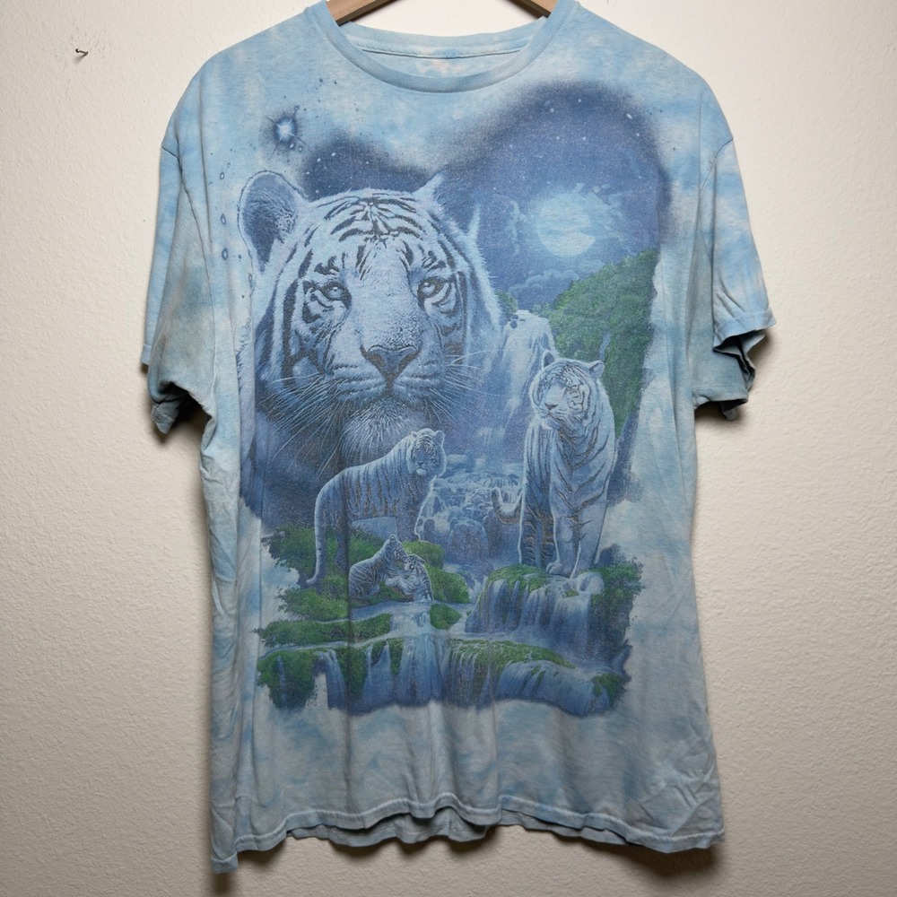 Liquid Blue Men Cotton Shirt Large Blue White Tiger Tie Dye Moon Nature
